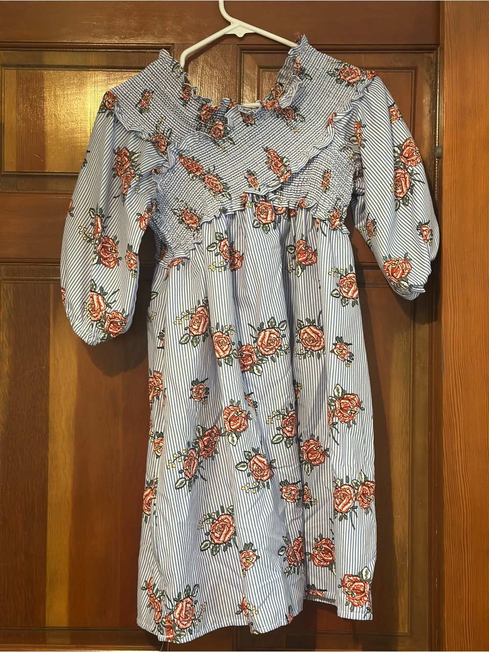 Girls Blue Striped Dress with Rose Print